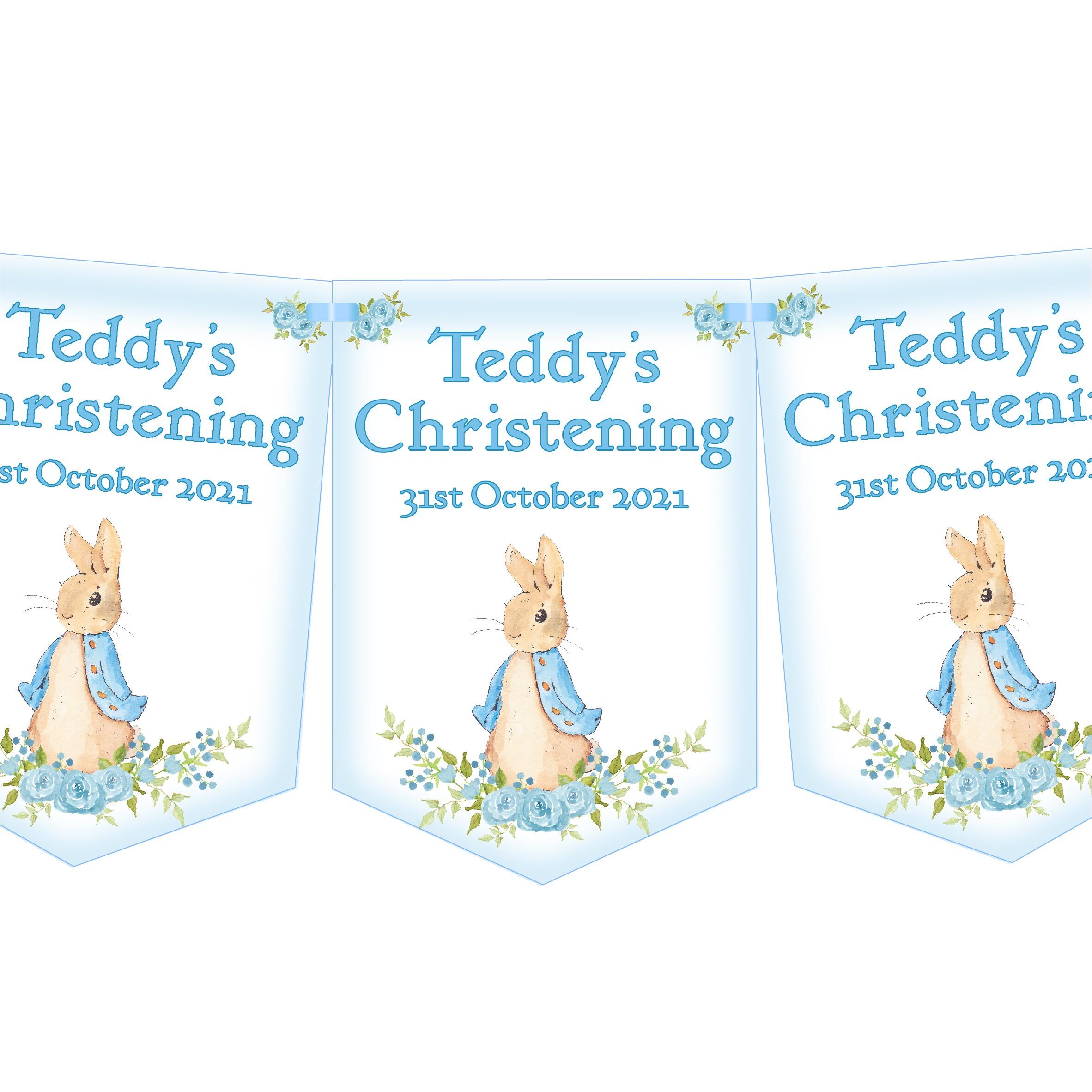 Personalised Blue Rabbit Christening Day bunting, a perfect decoration for a boy's Christening or Baptism celebration