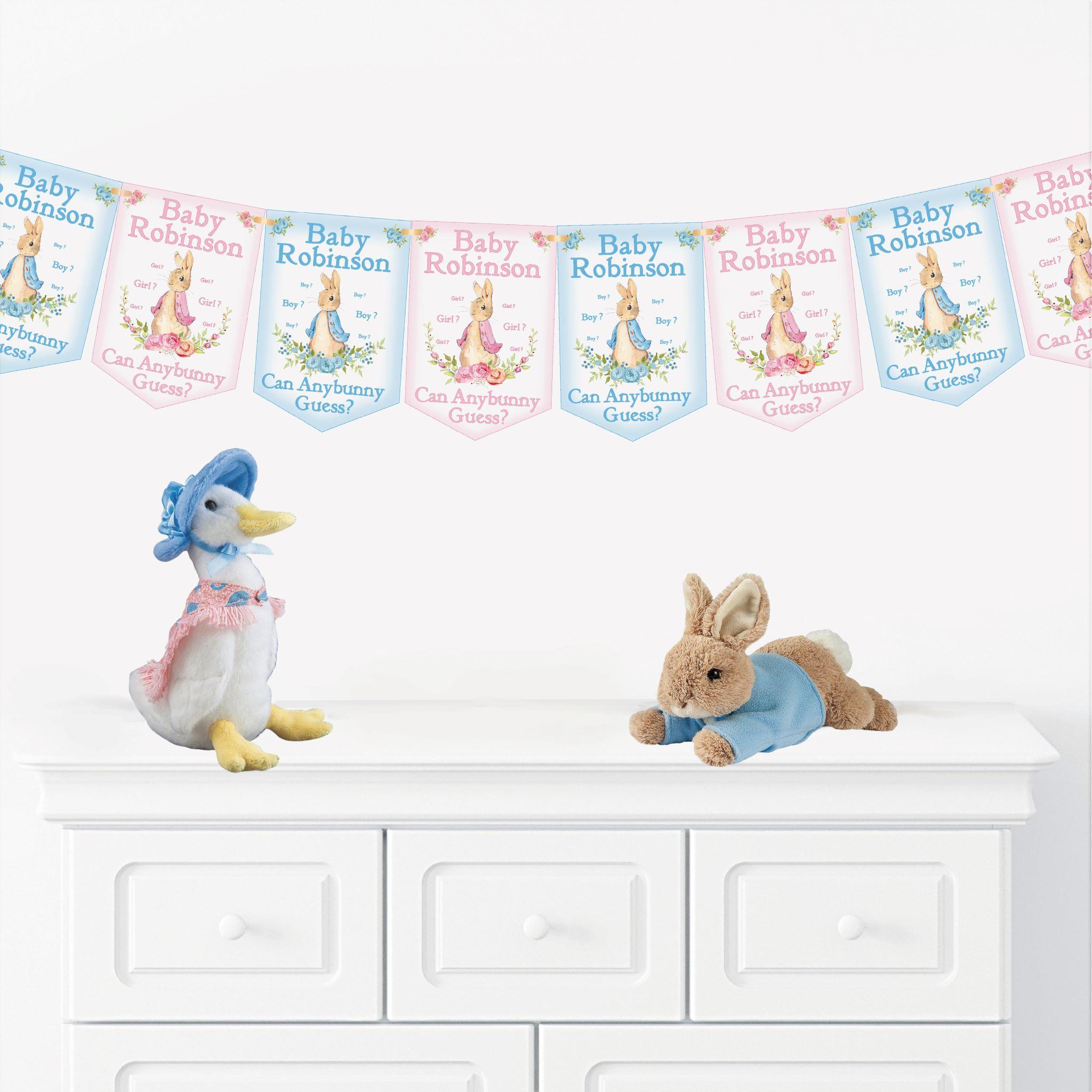 Peter Rabbit Bunting,Personalised Baby Gender Reveal Banner,Baby Shower Party Decorations,8 Pink and Blue Flags