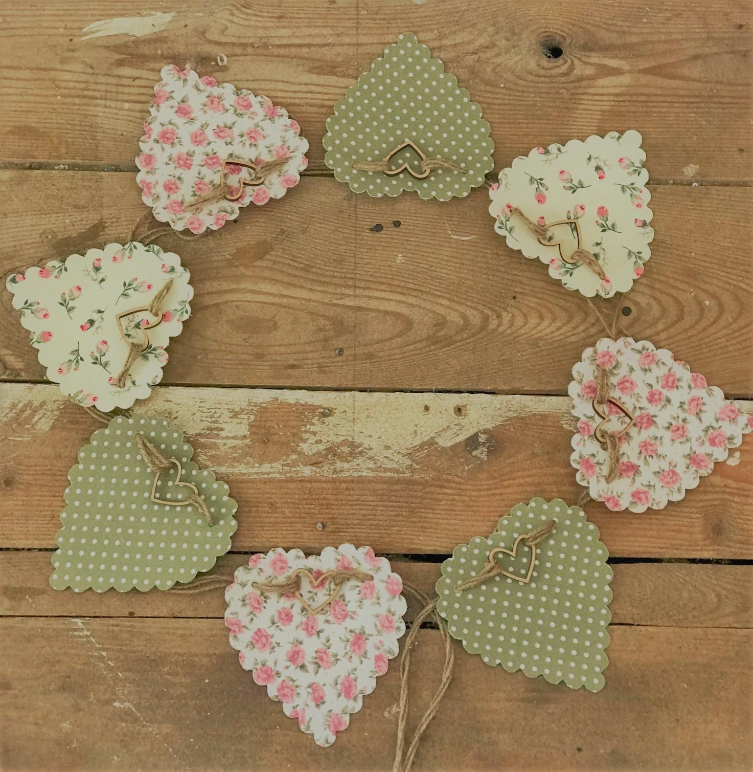 Fabric Bunting,Rigid Hearts,Green and Pink Ditsy Florals and Polka Dots,Vintage Style,100% Cotton,2.5 Metres Long
