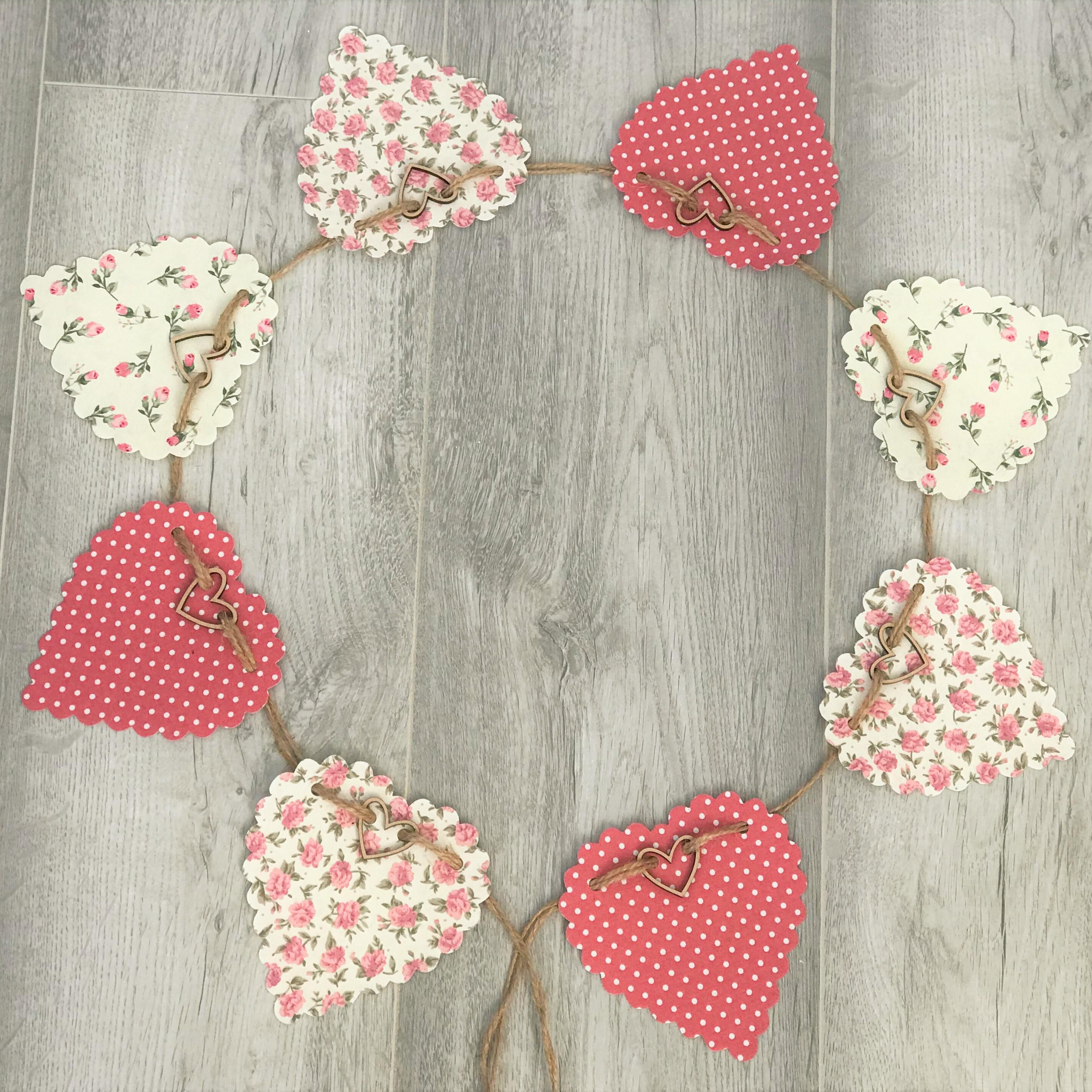 Fabric Bunting,Rose Pink,Rigid Hearts,Polka Dots,Ditsy Florals,100% Cotton,2.5 Metres Long,Home Decor,Vintage Decor