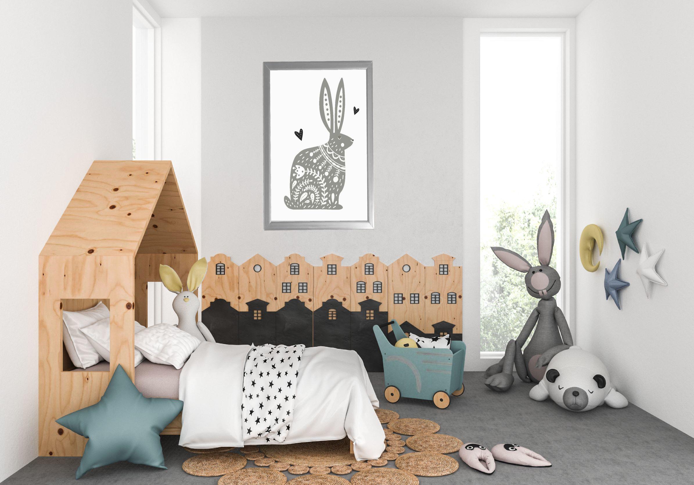 Scandi Animals Print Picture,Grey Hare,Folk Art,Ideal For Childrens Bedroom,Nursery or Playroom,Neutral Decor
