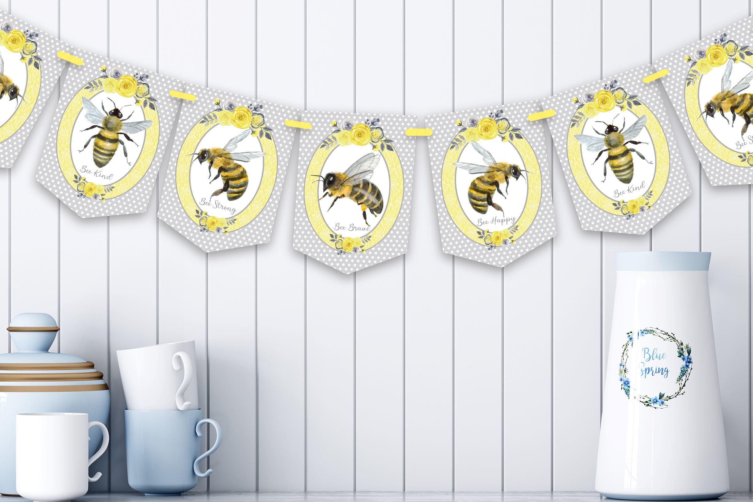Grey Bunting,Bee Bunting,Bee Garland,Bee Gift,Bee Home Decor,Bee Homewares,8 Flags