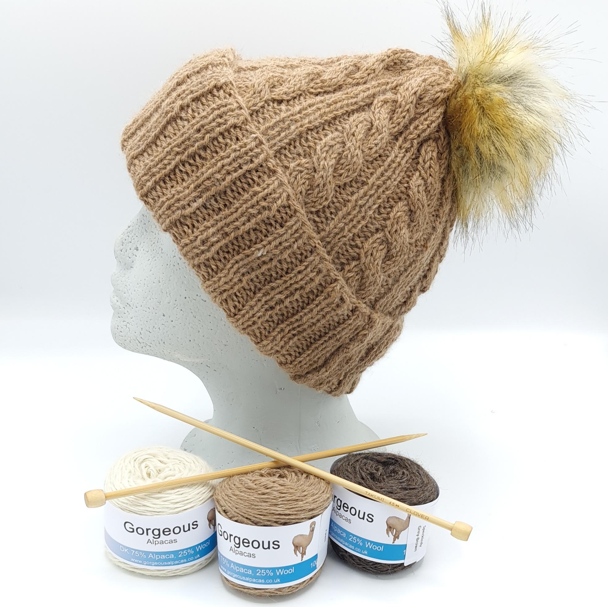 Cable Hat in Natural Fawn with other colours
