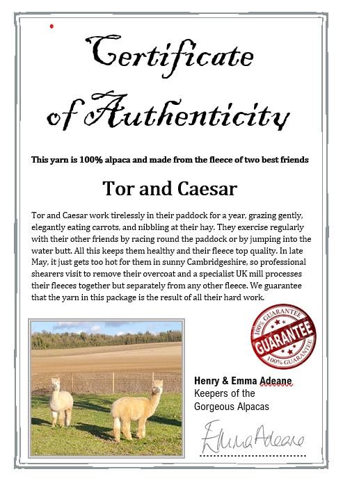 Certificate of authenticity for 100% alpaca yarn, alapca wool