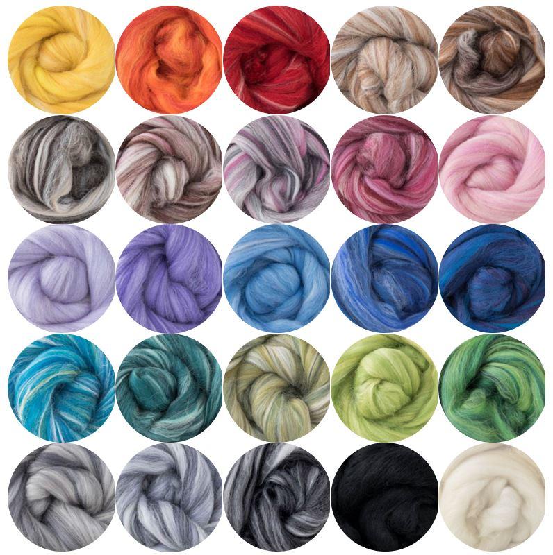 All 25 Shades and Blends of 19 micron Merino and Silk in the Silk Candies Collection