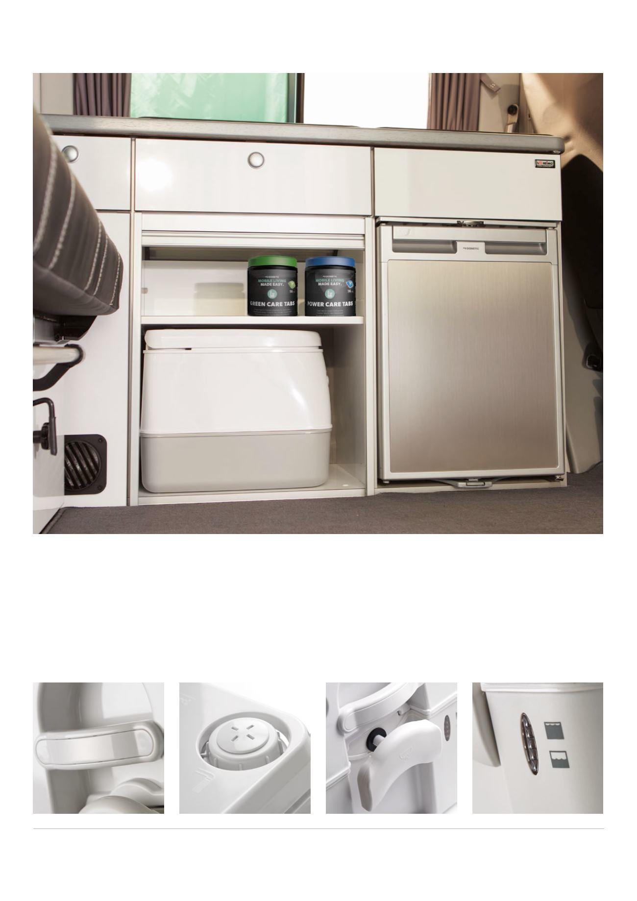 Dometic 972 Portable toilet stored under cupboard