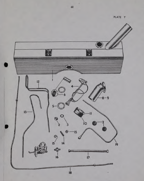 Plate Y from the Armstrong Siddeley 16HP parts book. This plate shows the Fuel tank, petrol pipes and petrol pump.