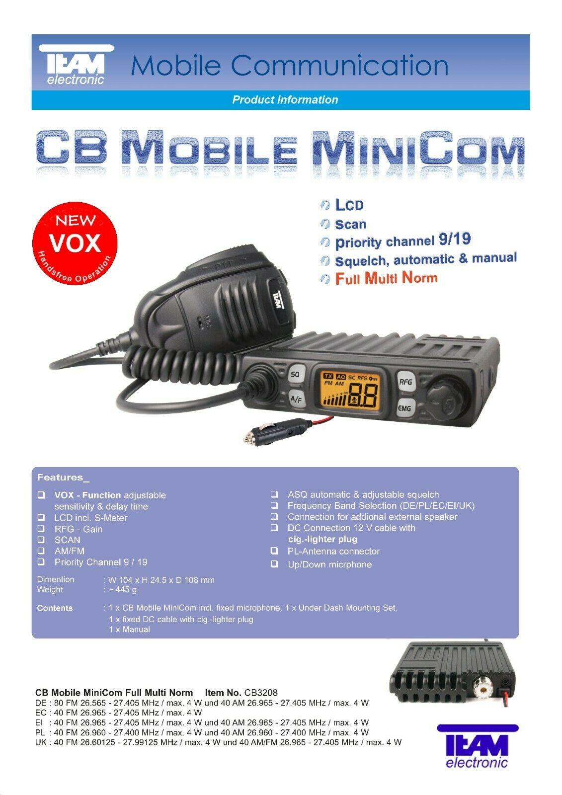 SIGMA Team CB Mobile MiniCom Full Multi Norm AM FM VOX + Cigar Lighter Plug