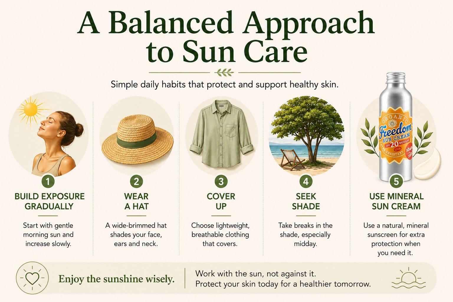Infographic showing a balanced approach to natural sun care, including gradual sun exposure, wearing a hat, covering up, seeking shade and using mineral sun cream for healthy skin protection.