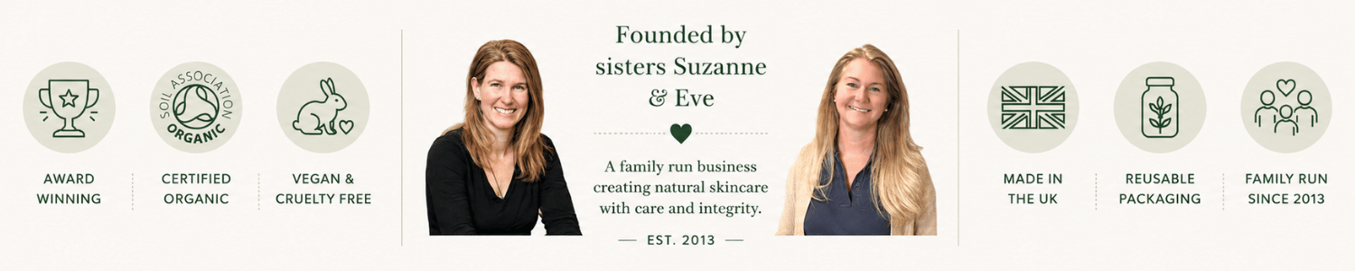 The Green Woman values banner featuring Certified Organic skincare, Vegan & Cruelty Free products, Made in the UK, Family Run Since 2013, Reusable Glass Packaging and Award-Winning natural beauty products.