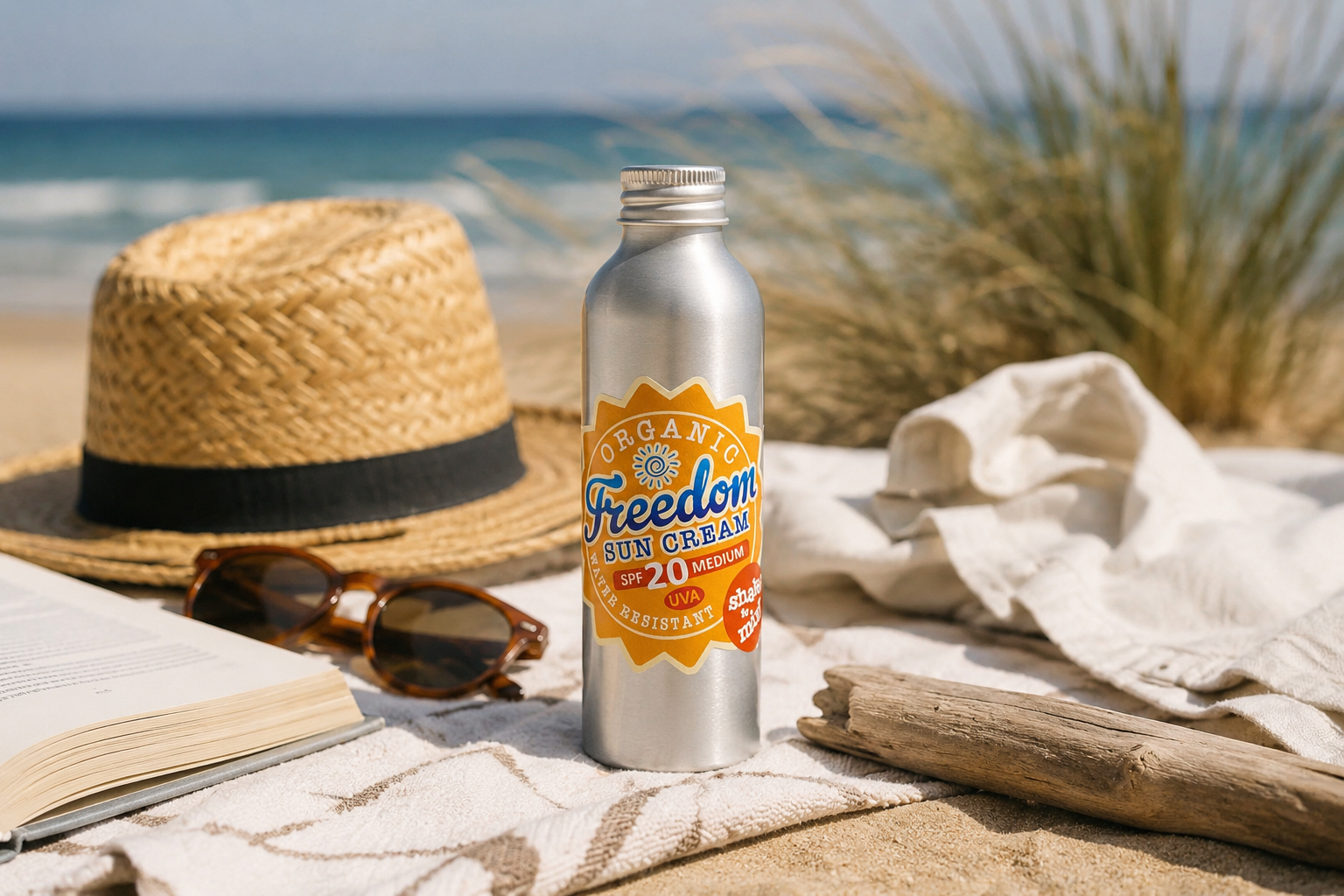 Freedom Mineral Suncream SPF 20 on a beach with a straw hat, sunglasses and natural summer accessories, illustrating a balanced approach to natural sun protection.
