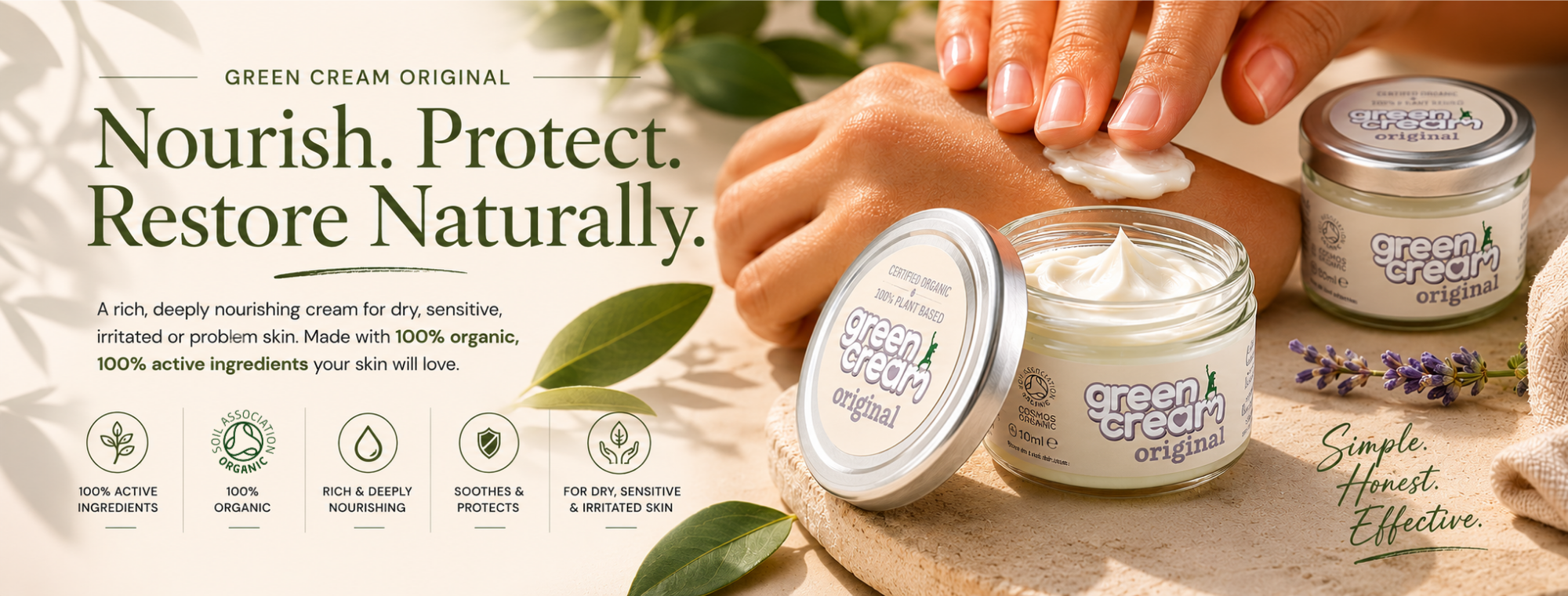 Green Cream Original organic moisturiser shown beside hands applying cream to skin. Banner highlights nourishing care for dry and sensitive skin using 100% organic active ingredients.