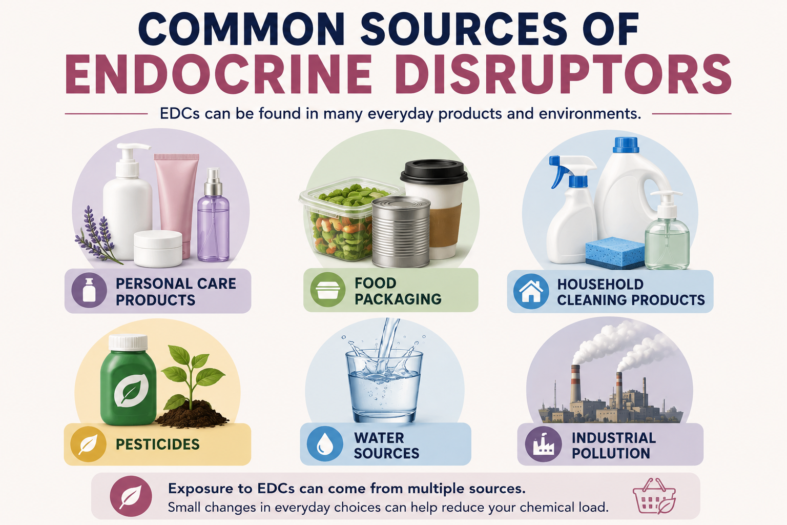 Infographic showing common sources of endocrine disruptors, including personal care products, food packaging, household cleaning products, pesticides, water sources and industrial pollution.