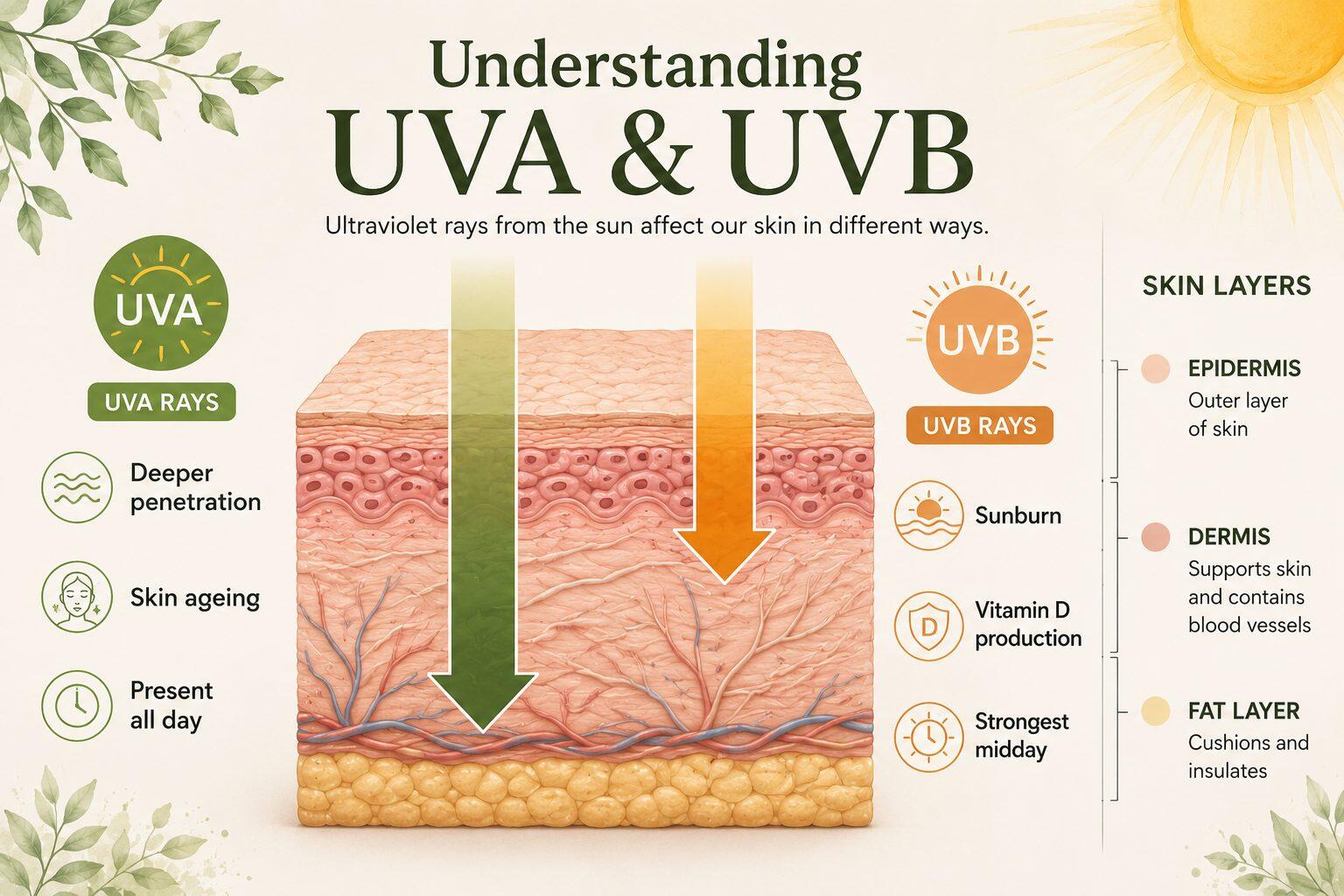 Educational infographic showing the difference between UVA and UVB rays, how deeply they penetrate the skin, and their effects on skin ageing, sunburn and vitamin D production.