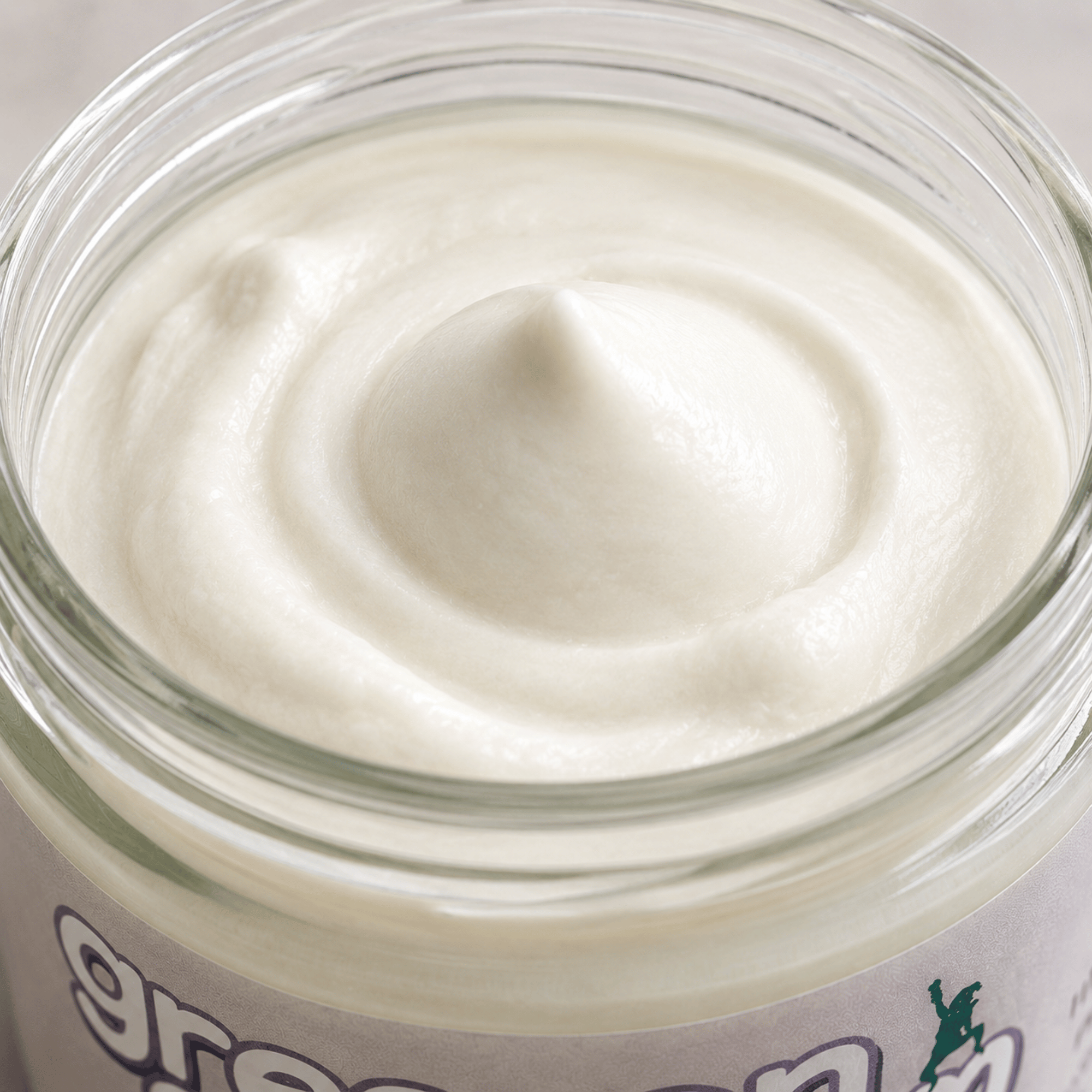 Close-up of Green Woman Green Cream certified organic moisturiser inside the glass jar, showing the rich, smooth, whipped texture of the 100% plant-based cream.