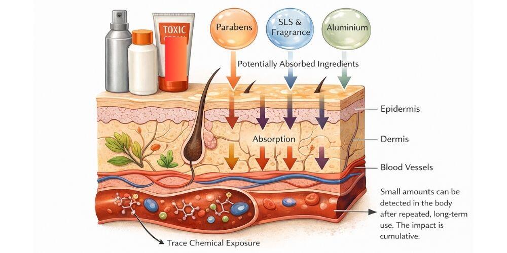 Illustration showing skin contact with everyday personal care products