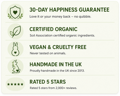 The Green Woman trust banner featuring a 30-Day Happiness Guarantee, Soil Association certified organic ingredients, vegan and cruelty-free products, handmade in the UK since 2013, and a 5-star customer rating from over 2,000 reviews.