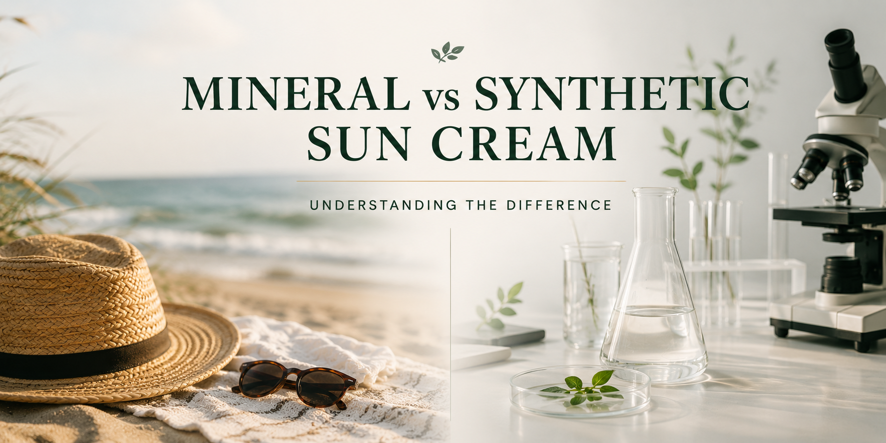 Hero image comparing a natural beach setting with a scientific laboratory to illustrate the difference between mineral and synthetic sun cream and the ingredients used to protect against UVA and UVB rays.