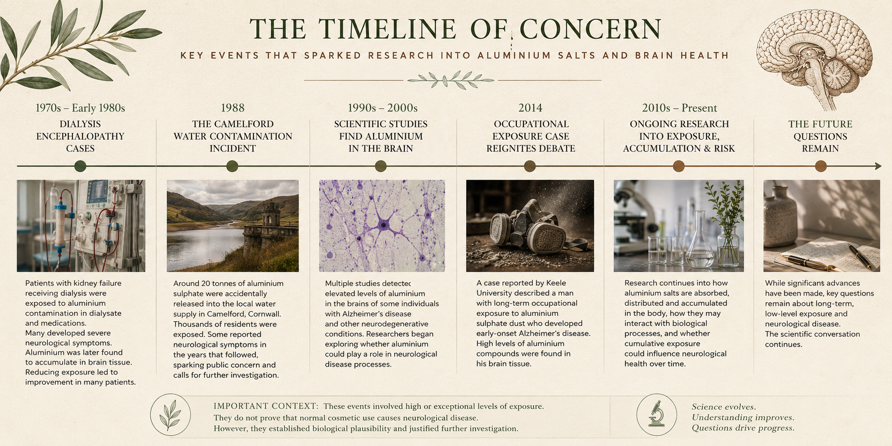 Educational timeline exploring key events that sparked scientific investigation into aluminium salts and neurological health.