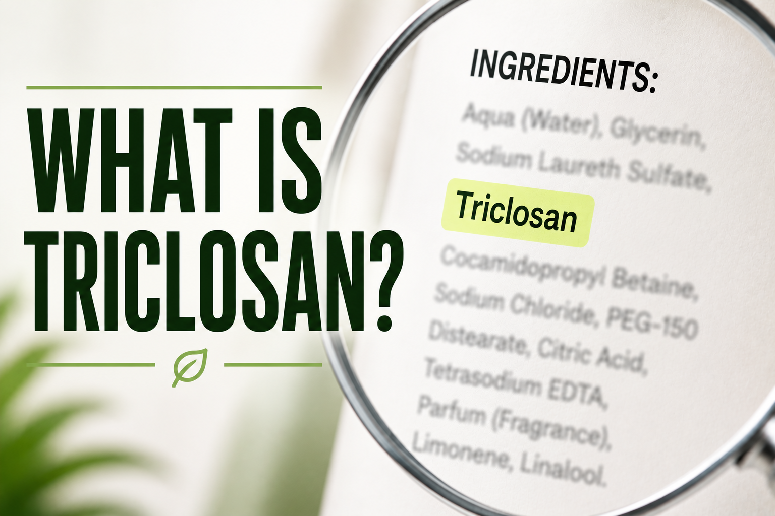 Close-up ingredient label highlighting triclosan, an antibacterial ingredient formerly used in toothpaste, soaps and personal care products and often discussed in relation to endocrine disruption and chemical loading.