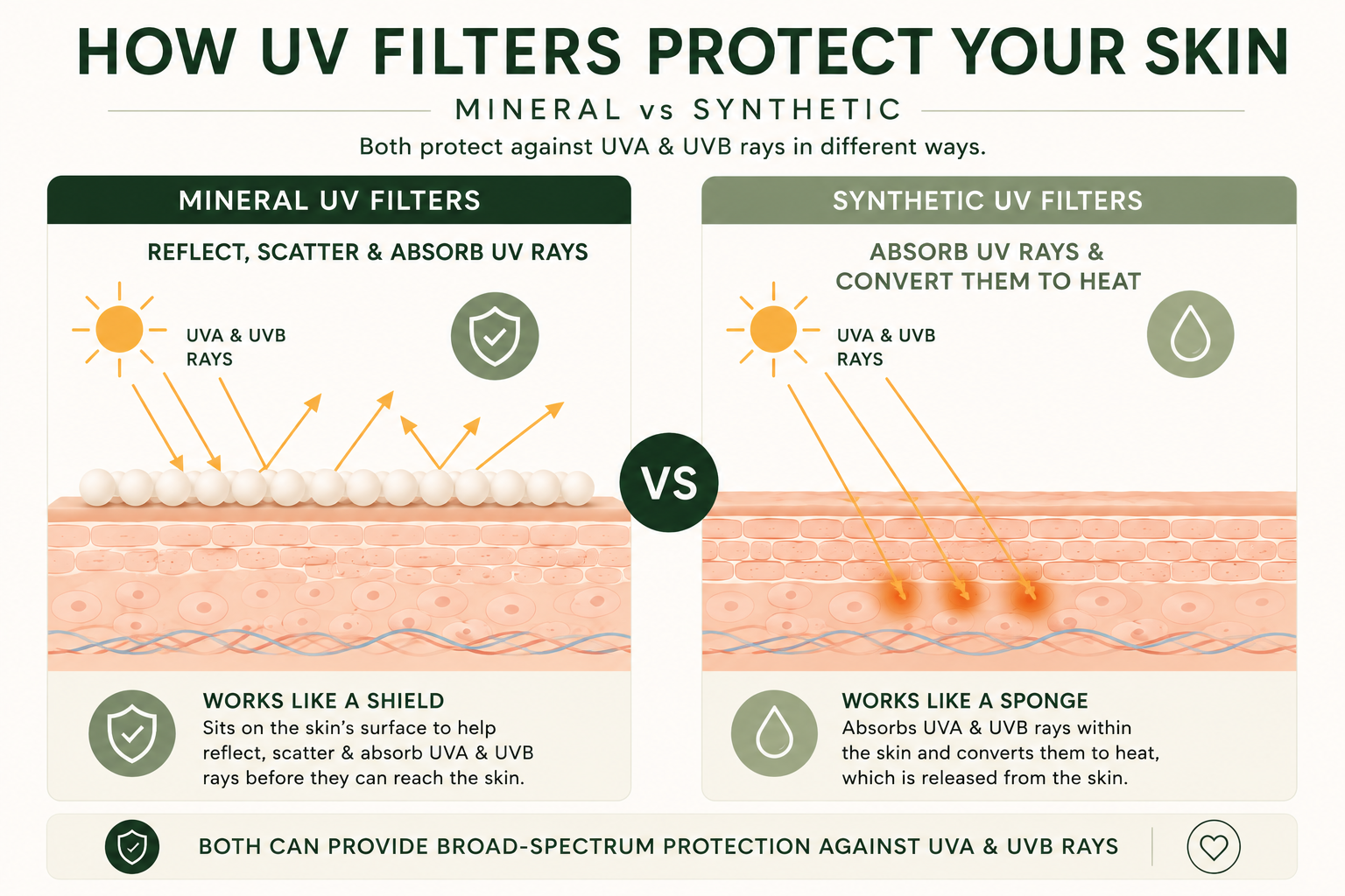 Infographic explaining how mineral and synthetic UV filters protect the skin, showing mineral UV filters reflecting, scattering and absorbing UV rays, while synthetic UV filters absorb UV energy and convert it to heat.