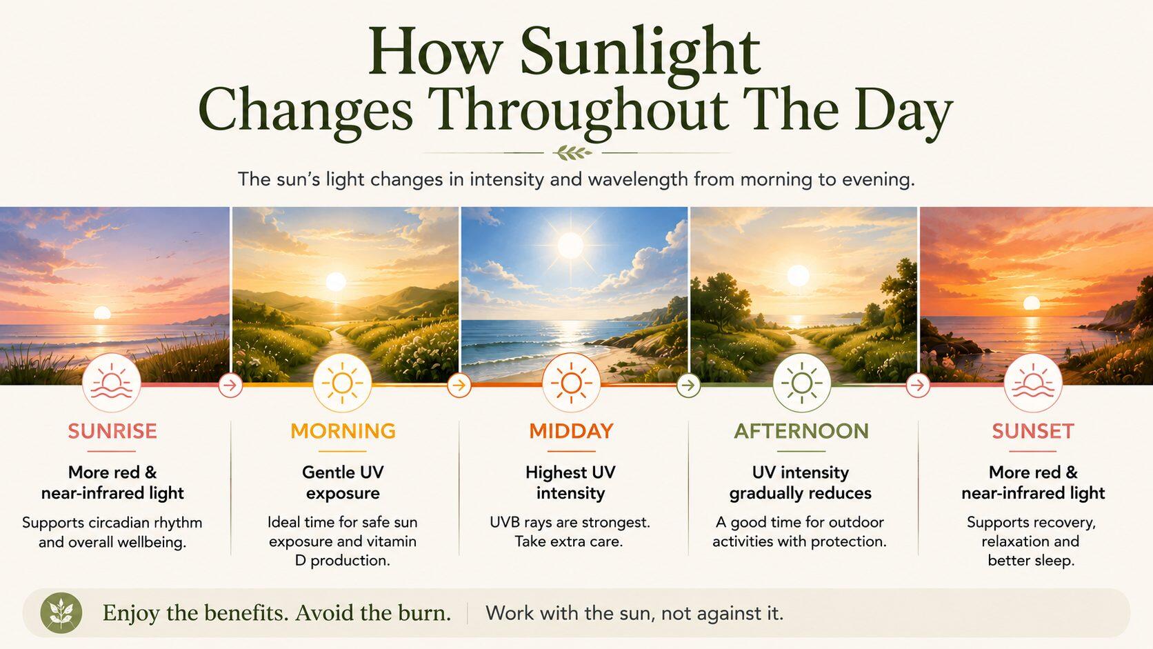 Infographic showing how sunlight changes from sunrise to sunset, including morning sunlight, midday UV intensity and evening light, with guidance for healthy sun exposure.