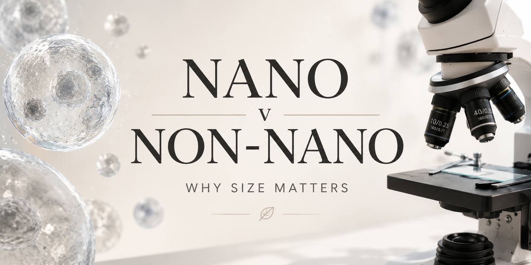 Hero banner for an article about nano vs non-nano ingredients, featuring microscopic cells on one side, a laboratory microscope on the other, and the headline "Nano v Non-Nano: Why Size Matters". Illustrates the science behind nanoparticles in cosmetics and mineral sunscreen.