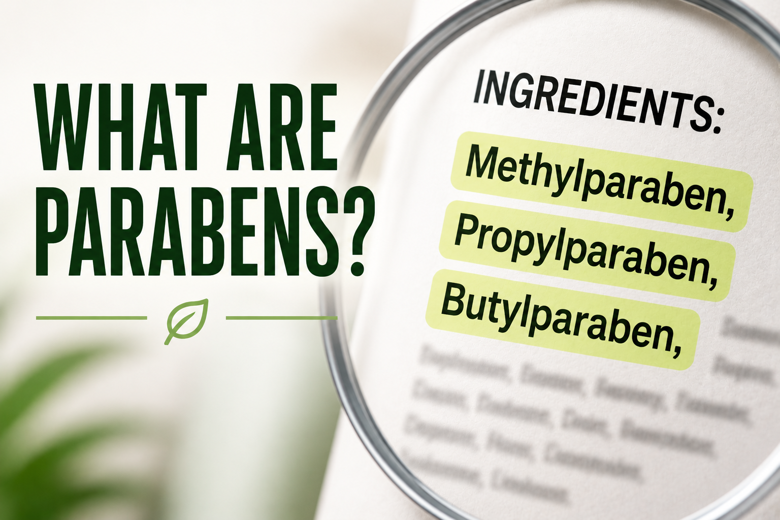 Close-up cosmetic ingredient label highlighting methylparaben, propylparaben and butylparaben, illustrating parabens commonly found in personal care products.