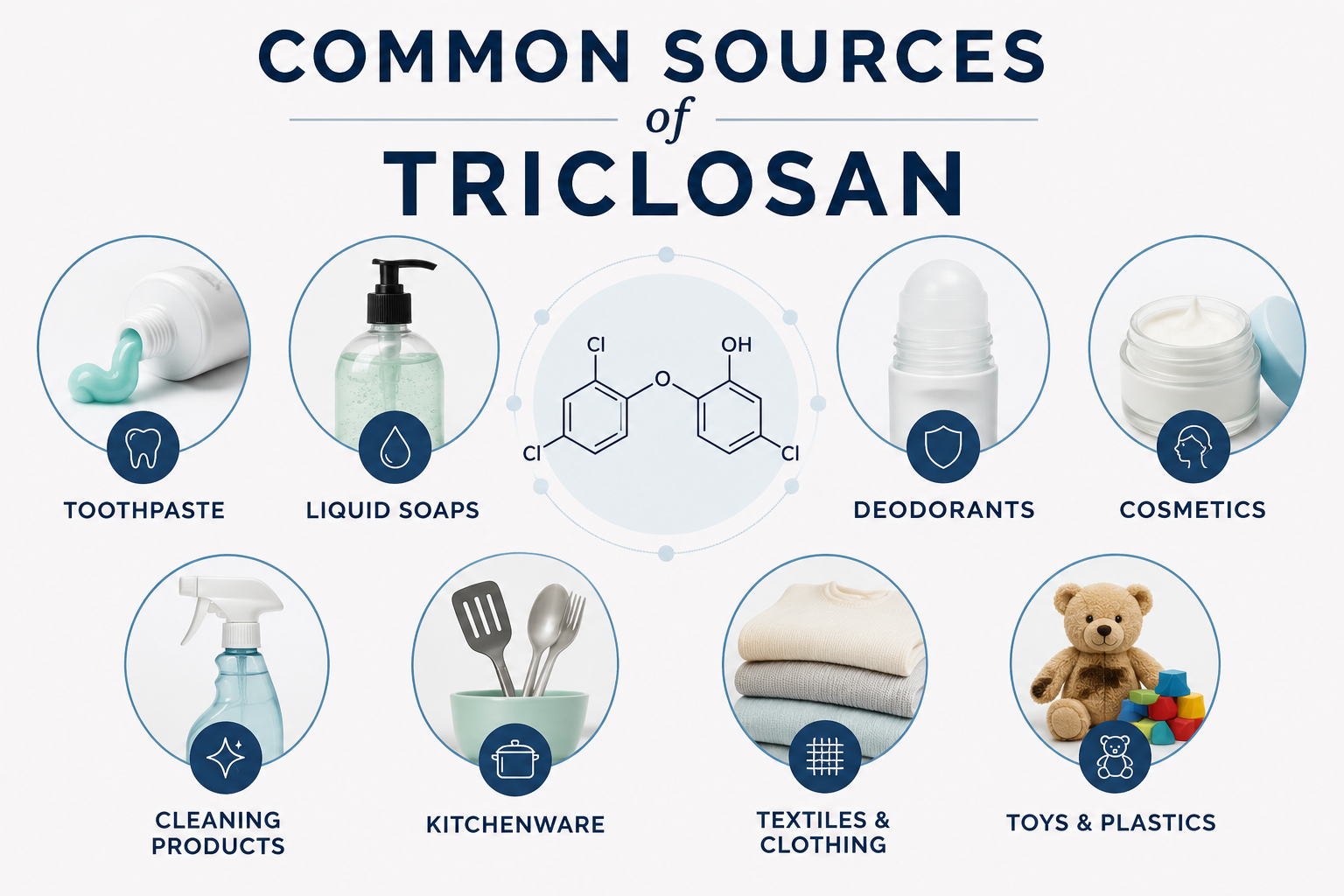 Infographic showing common sources of triclosan, including toothpaste, liquid soaps, deodorants, cosmetics, cleaning products, kitchenware, textiles and clothing, and toys and plastics.