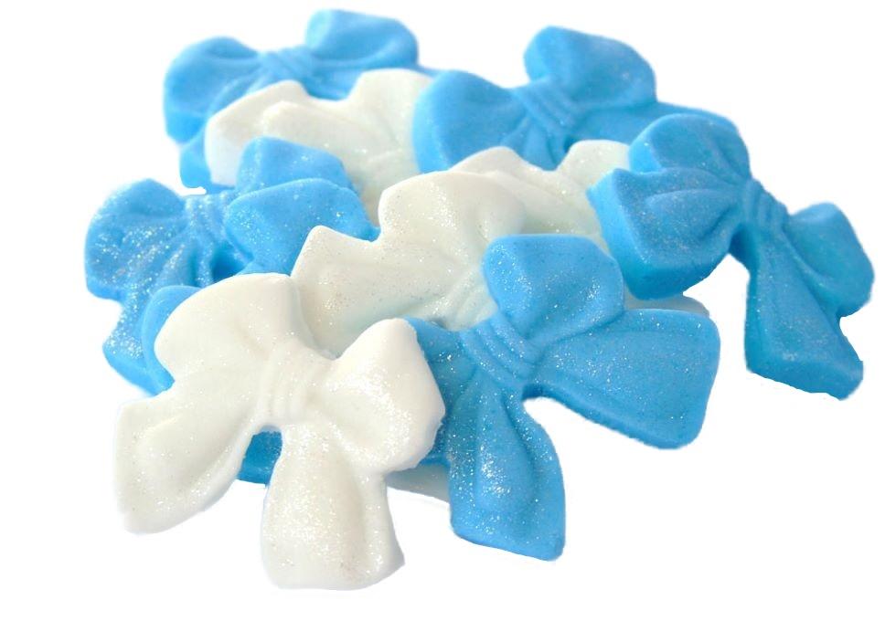 12 Edible Blue & White Mixed Glittered Bows Vegan, Dairy & Gluten Free cupcake toppers