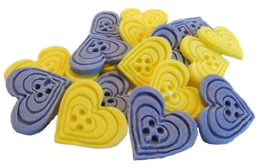 18 Edible Purple & Yellow heart Shaped Buttons Vegan Cupcake Toppers