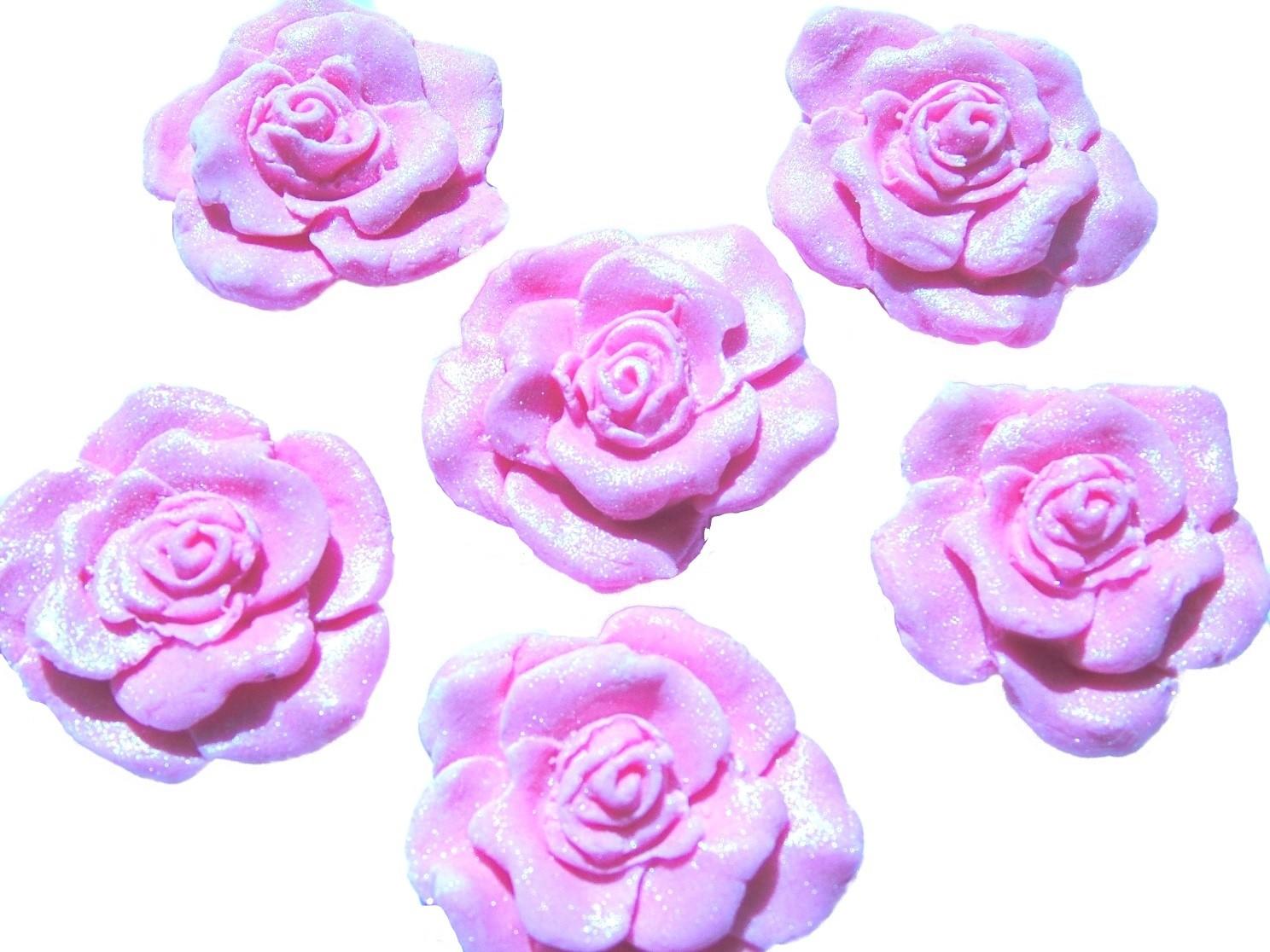 6 Large Pink Glittered Roses Birthday Wedding Vegan Cupcake Cake Toppers