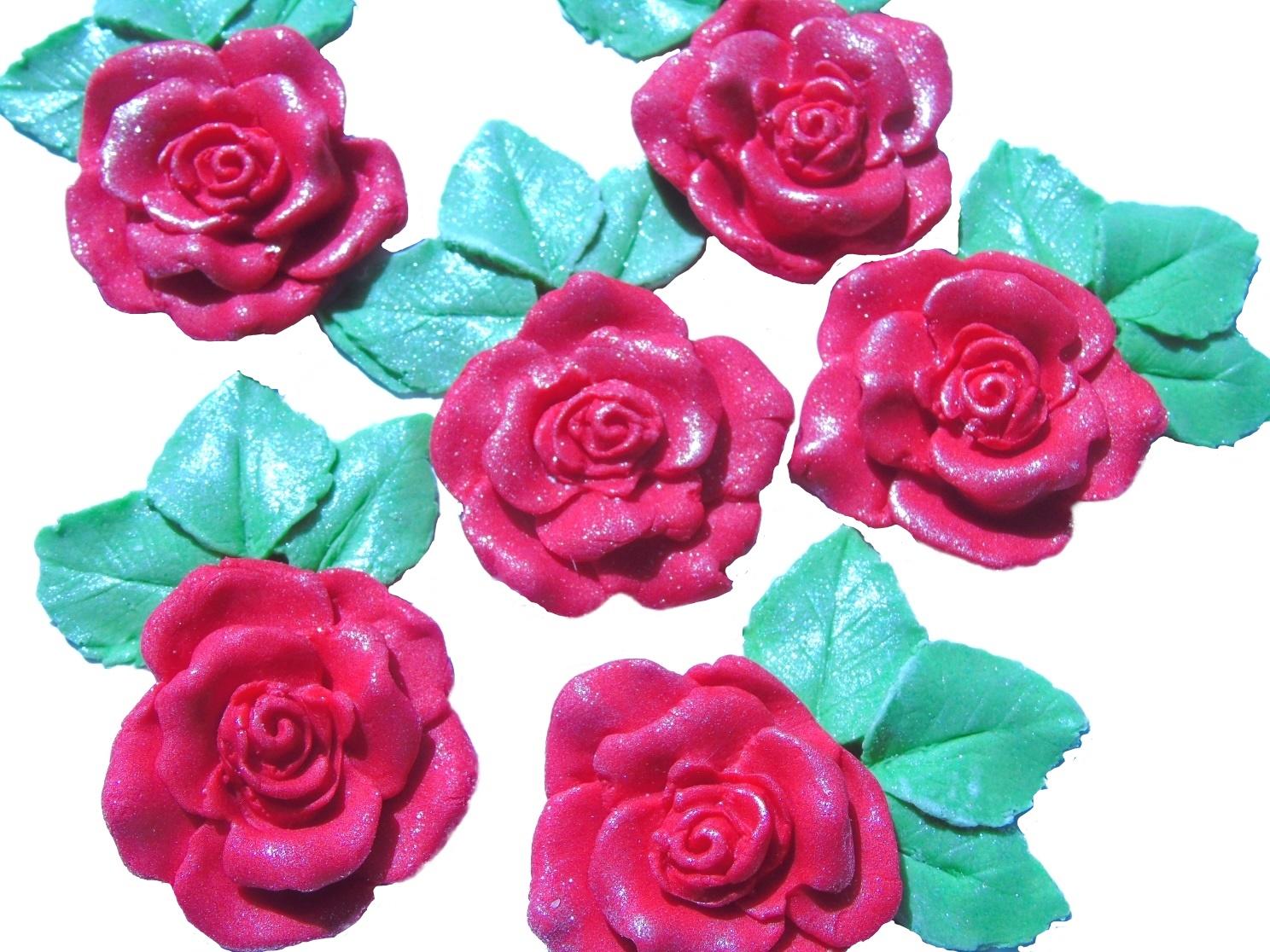 6 Large Red Glittered Roses with leaves Vegan  Birthday Wedding Cake Toppers