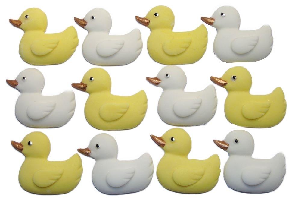 12 Edible Yellow & White Mix Vegan Baby Shower Ducks Cake Cupcake Toppers