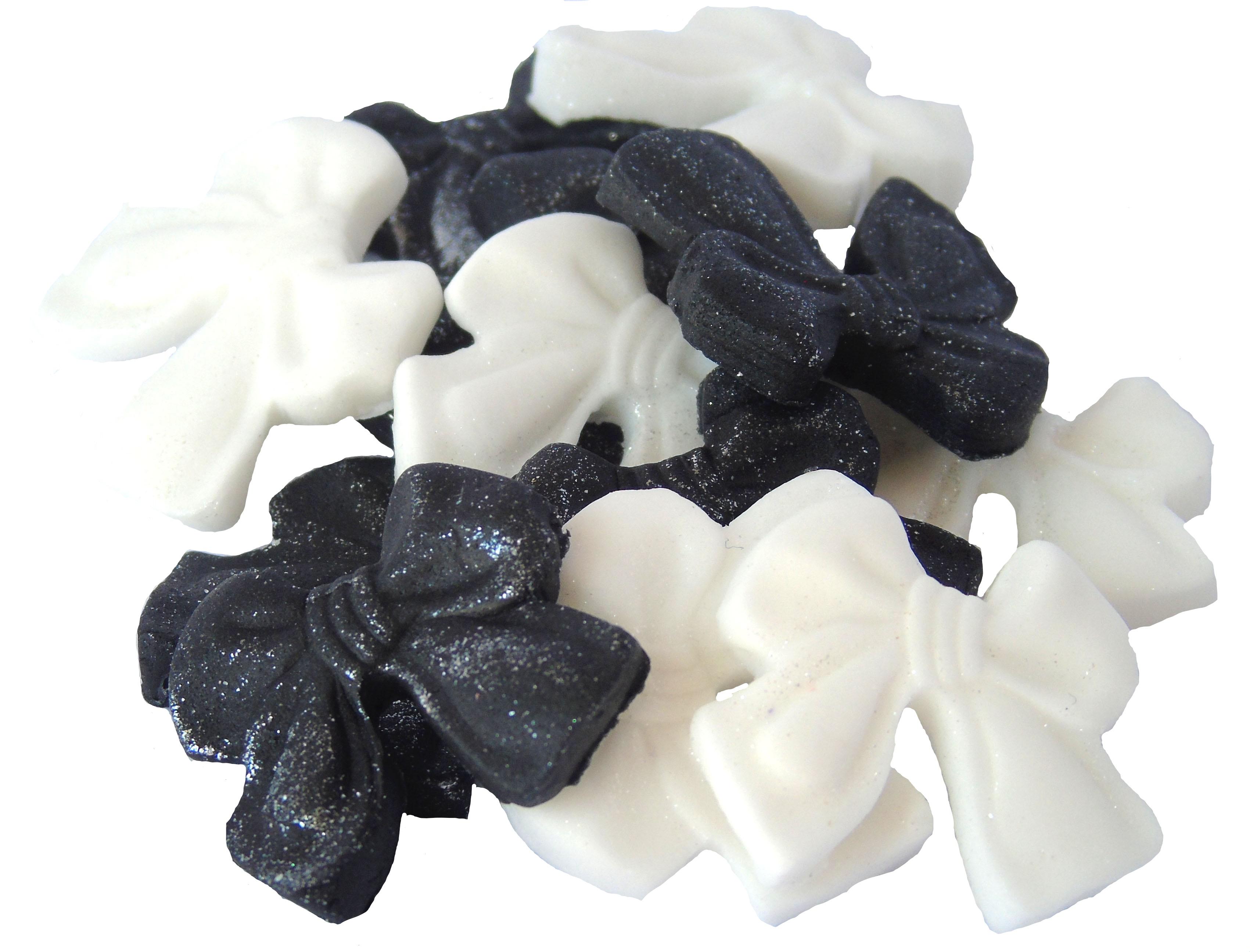 12 Edible Black & White Mixed Glittered Bows Vegan, Dairy & Gluten Free cupcake toppers