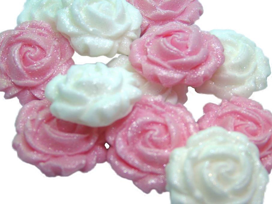 12 Vegan Glittered Pink & White Mix Coloured Roses Cupcake Toppers