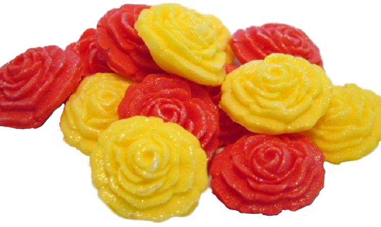 12 Vegan Glittered Red & Yellow Mix Roses Cupcake Toppers