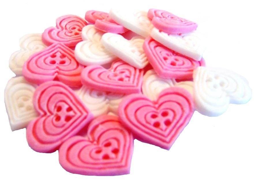 18 Edible Pink & White heart Shaped Buttons Vegan Cupcake Toppers