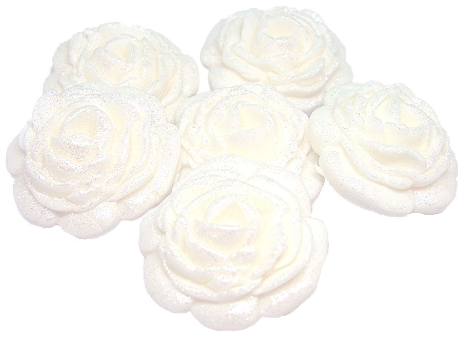 6 Large White Edible Glittered Cake Roses Vegan Wedding Birthday Toppers
