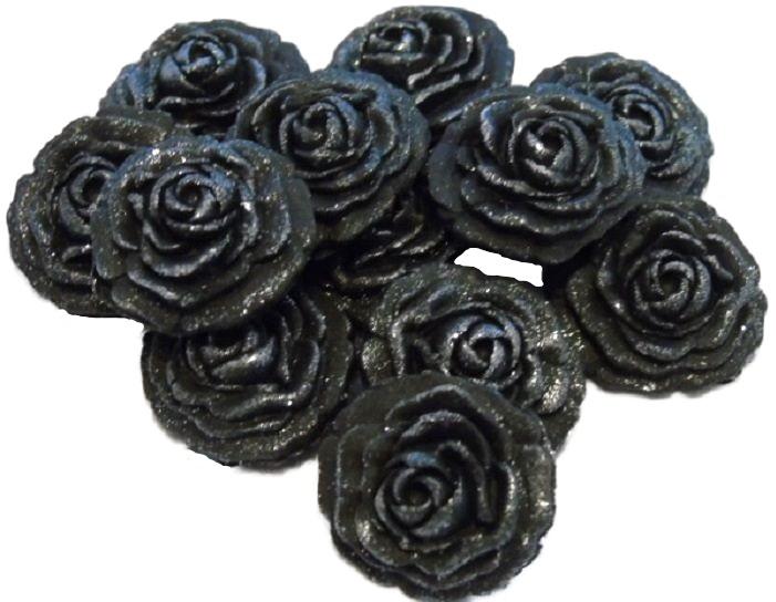 12 Vegan Small Glittered Black Roses Wedding Birthday Cupcake Toppers