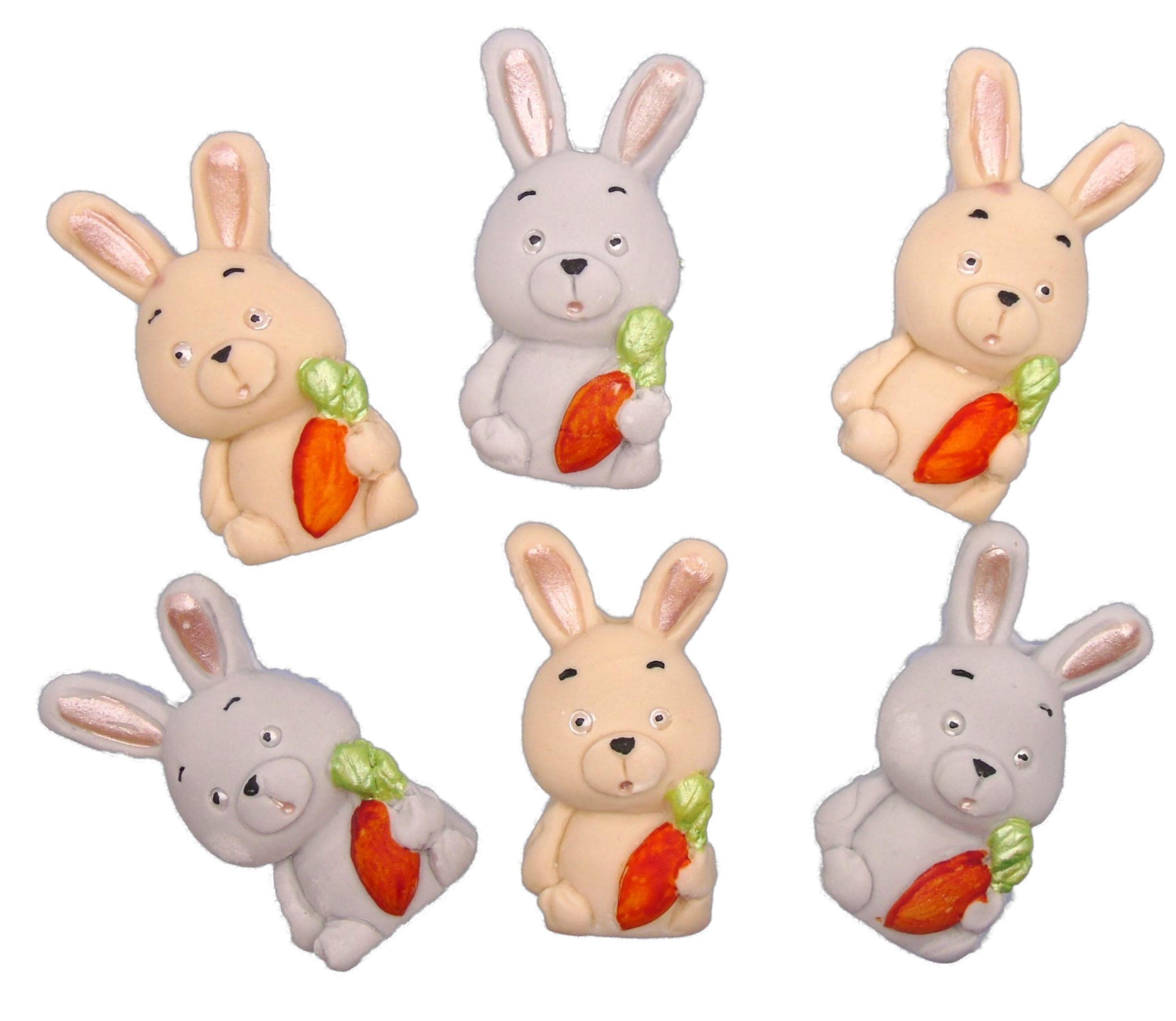 6 Edible Cream & Grey Easter Rabbits Baby Shower Fondant Vegan Cupcake Toppers