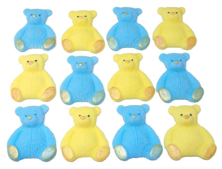 12 Edible Blue & Yellow Teddies Cupcake Toppers Cake Decorations