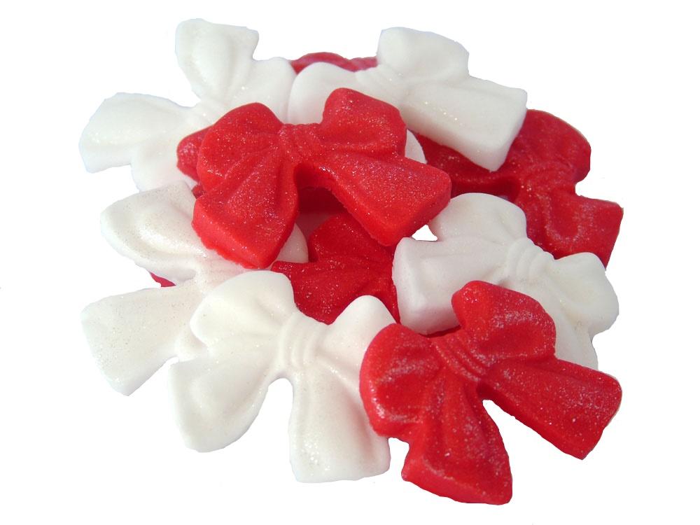 12 Edible Red & White Mixed Glittered Bows Vegan, Dairy & Gluten Free cupcake toppers