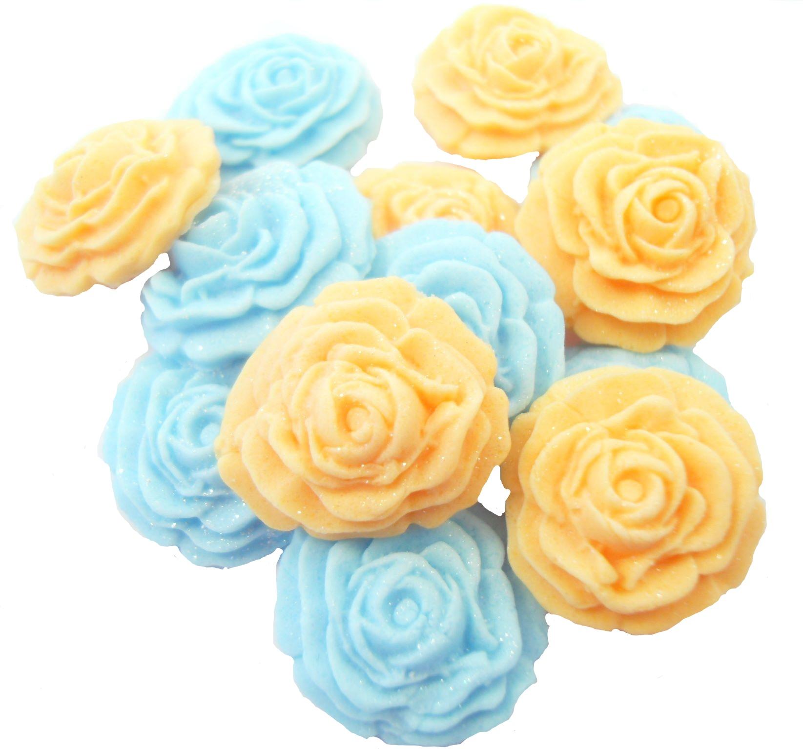 12 Vegan Glittered Blue & Yellow Mix Roses Cupcake Toppers