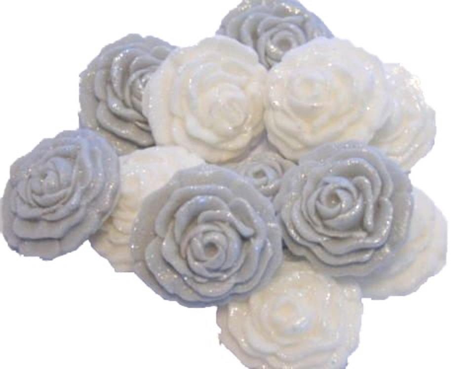 12 Vegan Glittered Silver & White Mix Roses Cupcake Toppers