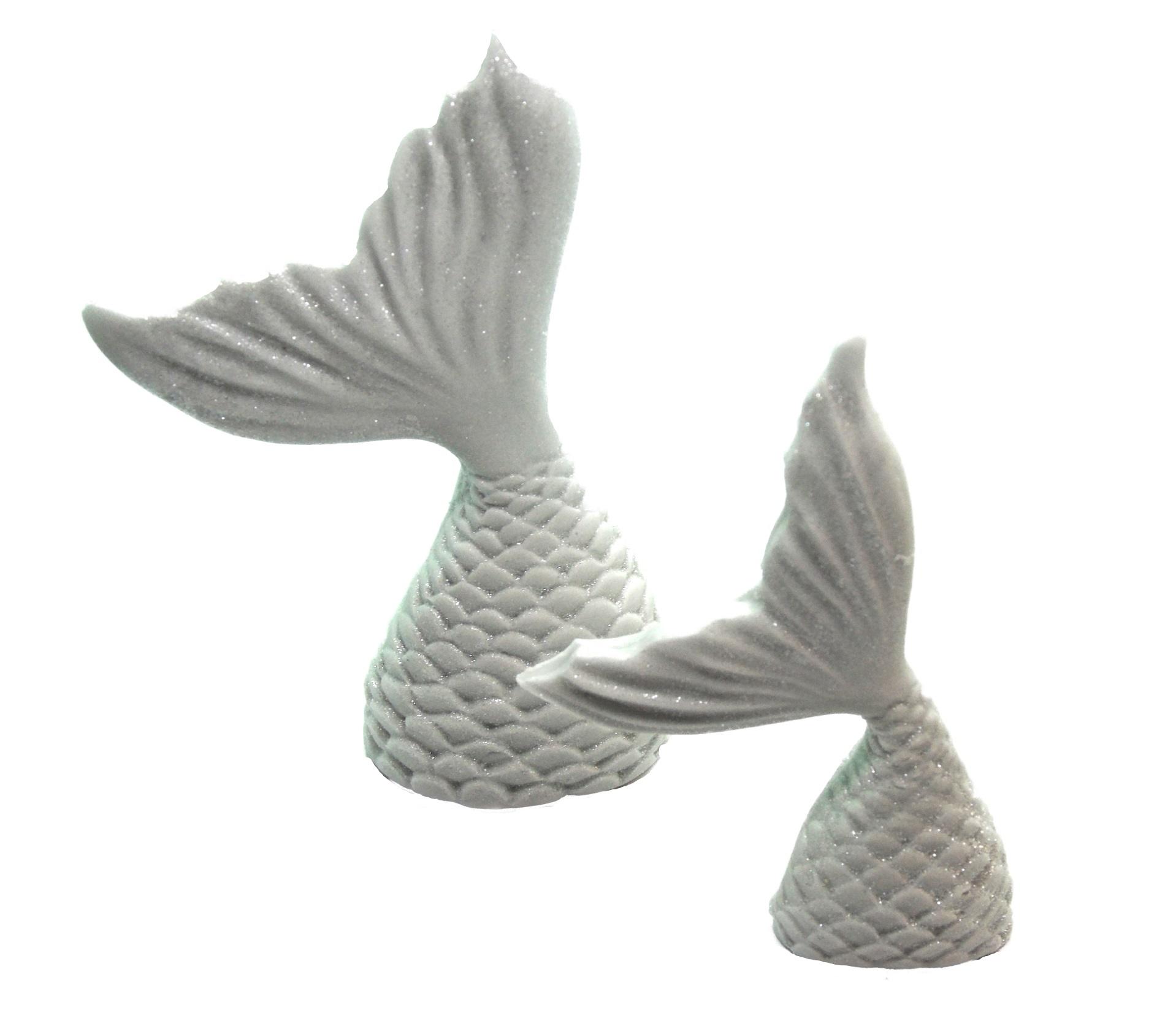 2 Silver Edible Mermaid Tails Large & Small Vegan Birthday Cake Toppers