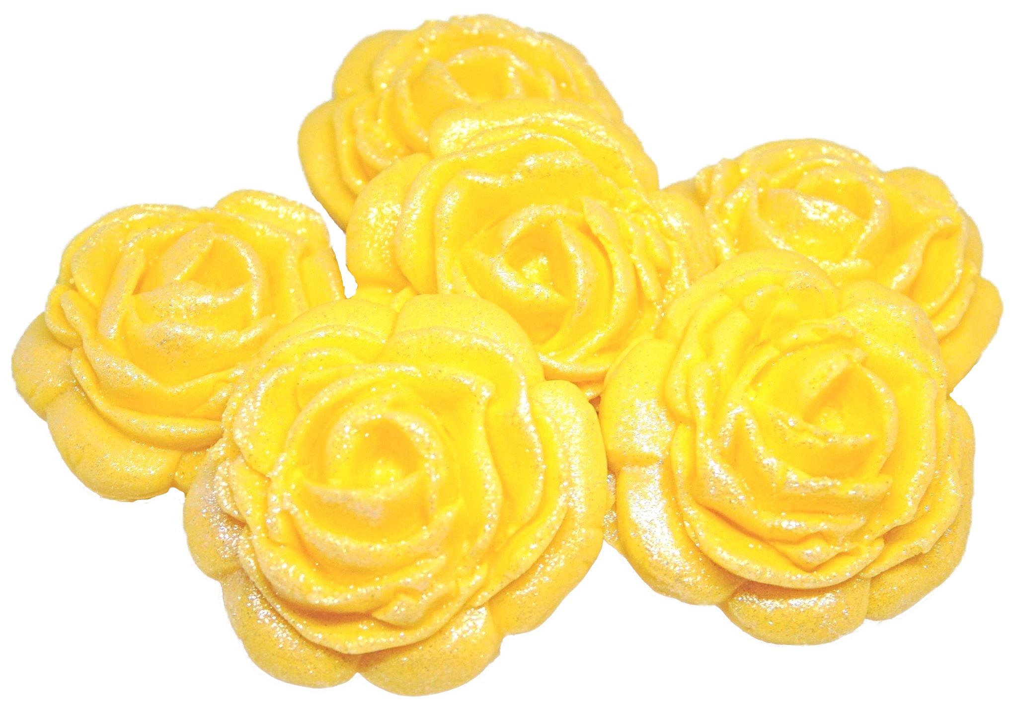 6 Large Yellow Edible Glittered Cake Roses Vegan Wedding Birthday Toppers