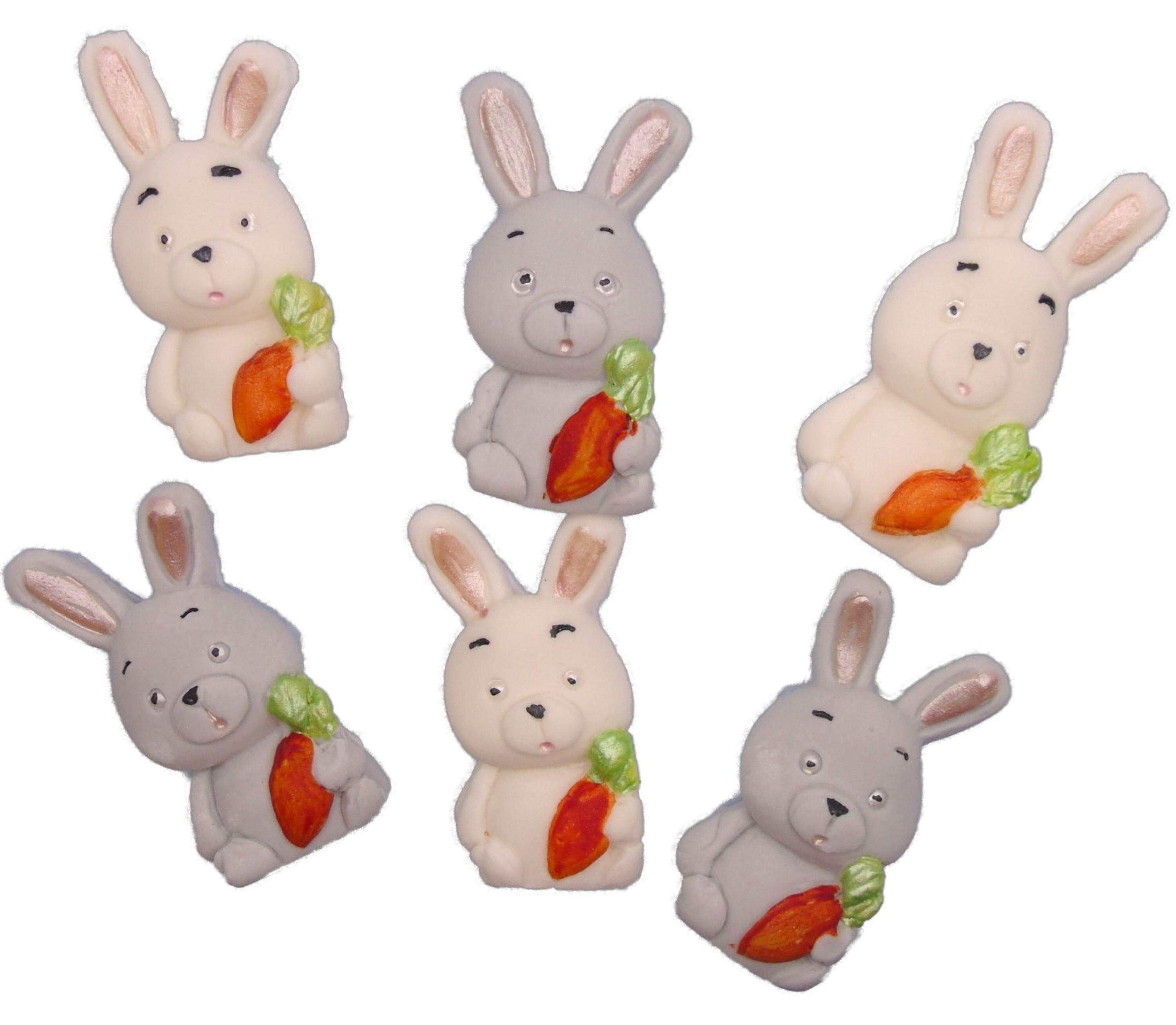 6 Edible grey white Easter Rabbits Baby Shower Fondant Vegan Cupcake Toppers