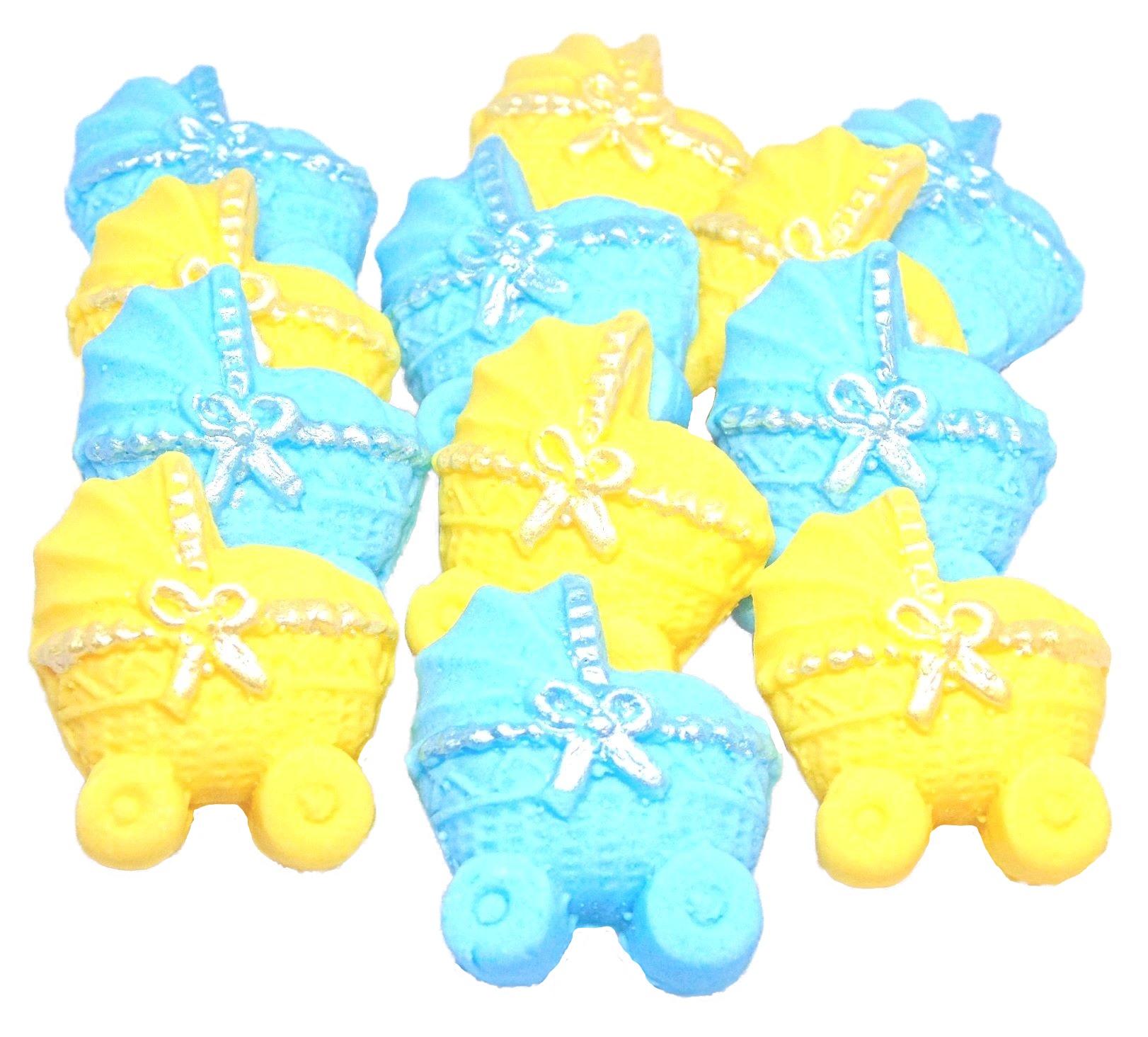 12 Blue & Yellow Edible Prams Baby Shower Vegan, Dairy & Gluten Free cupcake toppers