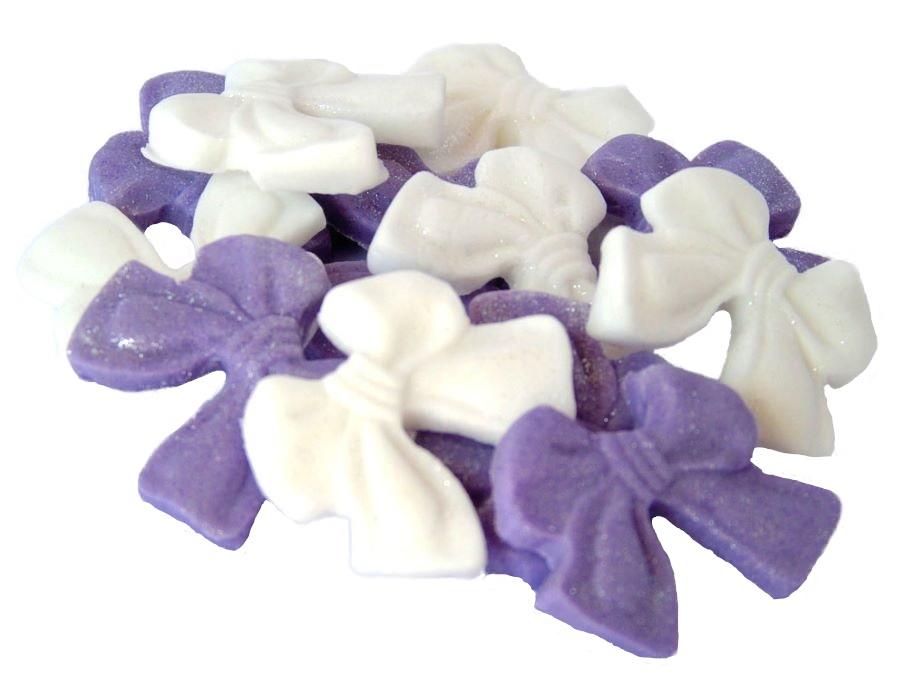 12 Edible Purple & White Mixed Glittered Bows Vegan, Dairy & Gluten Free cupcake toppers